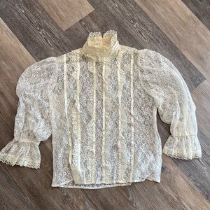 Vintage Sheer Ivory Lace Victorian Blouse - Womens Top